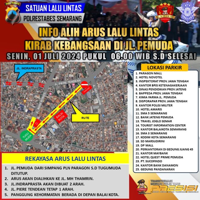 
					Tanggal 1 Juli, Arus Lalu Lintas di Jalan Pemuda Semarang Dialihkan untuk Peringatan HUT Bhayangkara