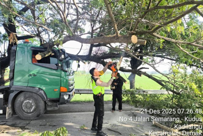 
					Cuaca Ekstrem, Pasukan Siaga Bhayangkara Evakuasi Pohon Tumbang di Exit Tol Kadilangu