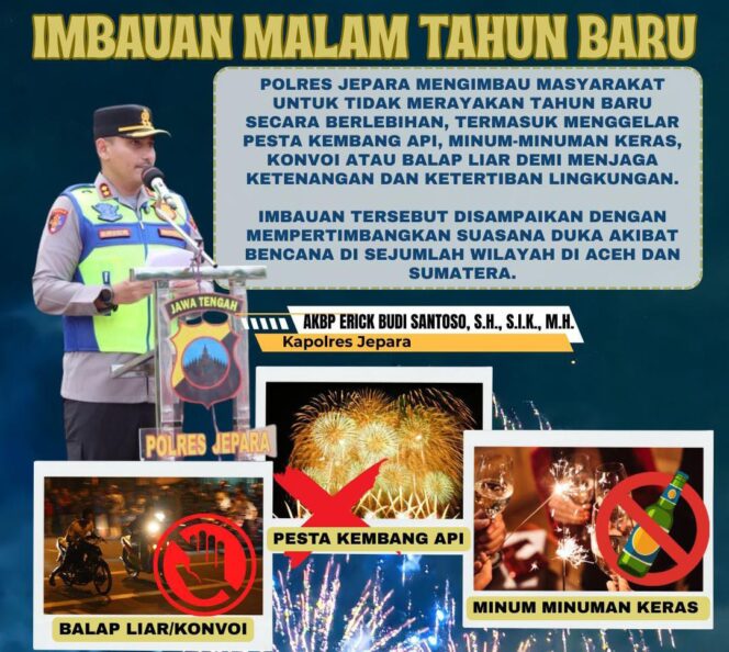 
					Polres Jepara Sampaikan Imbauan Menjelang Malam Tahun Baru 2026, Warga Diminta Rayakan dengan Tertib dan Penuh Empati