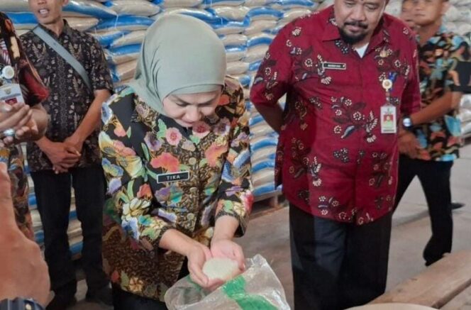 
					Bupati Kendal Dyah Kartika saat melihat langsung kualitas beras Perum Bulog Mangkang, Kota Semarang | dok Diskomdigi Jateng.