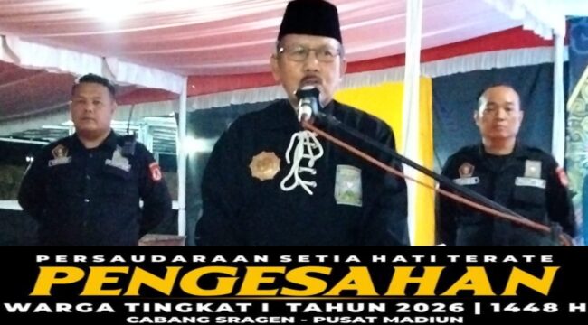 Acara pengesahan calon warga baru tingkat I SH Terate Cabang Sragen dihadiri oleh Ketua Dewan Pusat Madiun Kangmas H, Issoebijantoro. foto istimewa Sriyadi/kabarjateng.id
