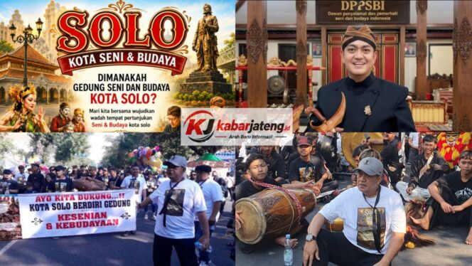 
					Ketua FBM Kusumo Putro bersama ratusan seniman menggelar aksi long march dan kirab budaya di Car Free Day Slamet Riyadi Solo pada Minggu, 26 Juli 2026. (Foto Istimewa: Kabarjateng.id/Sriyadi)