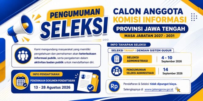 
					Pemprov Jateng Buka Seleksi Komisioner Komisi Informasi Periode 2027-2031