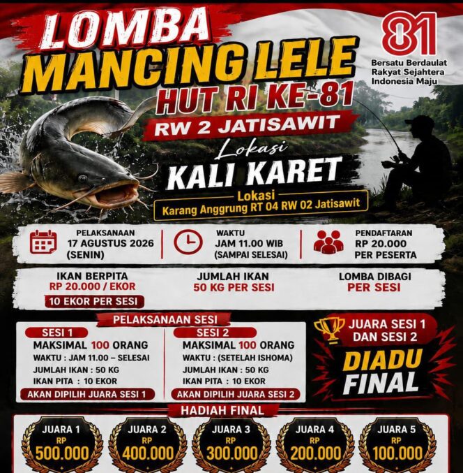 
					Ingat dan Daftar..!! HUT Ke-81 RI, RW 02 Desa Jatisawit Gelar Lomba Mancing Lele Berhadiah Rp1,5 Juta